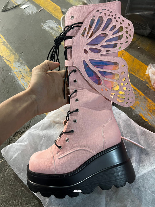 Damen Schnürstiefel mit modischem Schmetterlingsdesign und hohem Plateau EB
