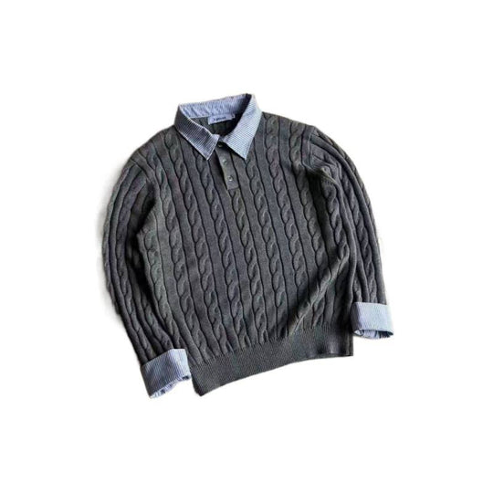 Damen nan gestrickter Polo-Pullover mit Zopfmuster und eingesetztem Hemdkragen EB