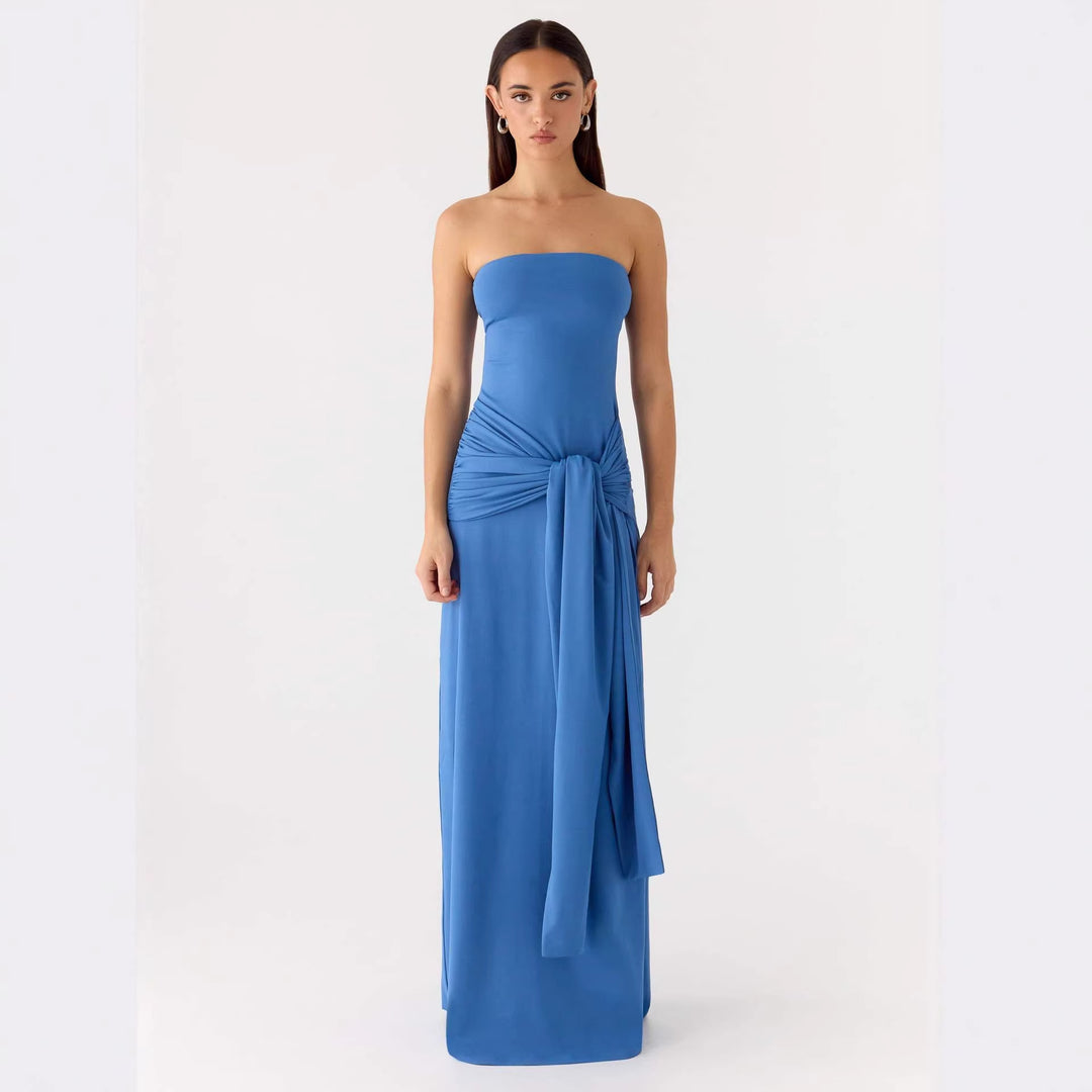 Damen Strapless Maxikleid mit elegantem Wickeldetail EB