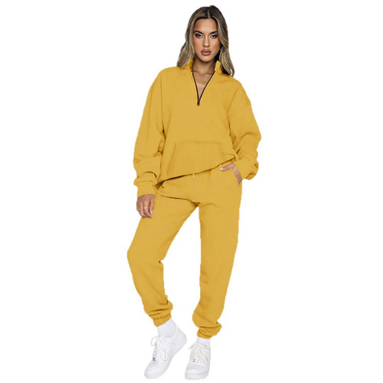 Damen nan French‑Terry Relax‑Loungewear‑Set mit halbem Reißverschluss, Kängurutasche und taillierter, schmal zulaufender Jogginghose EB