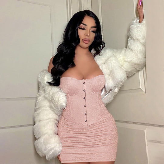 Damen minimalistisches Korsettkleid mit eleganter Knopfleiste und Spitzenakzenten EB