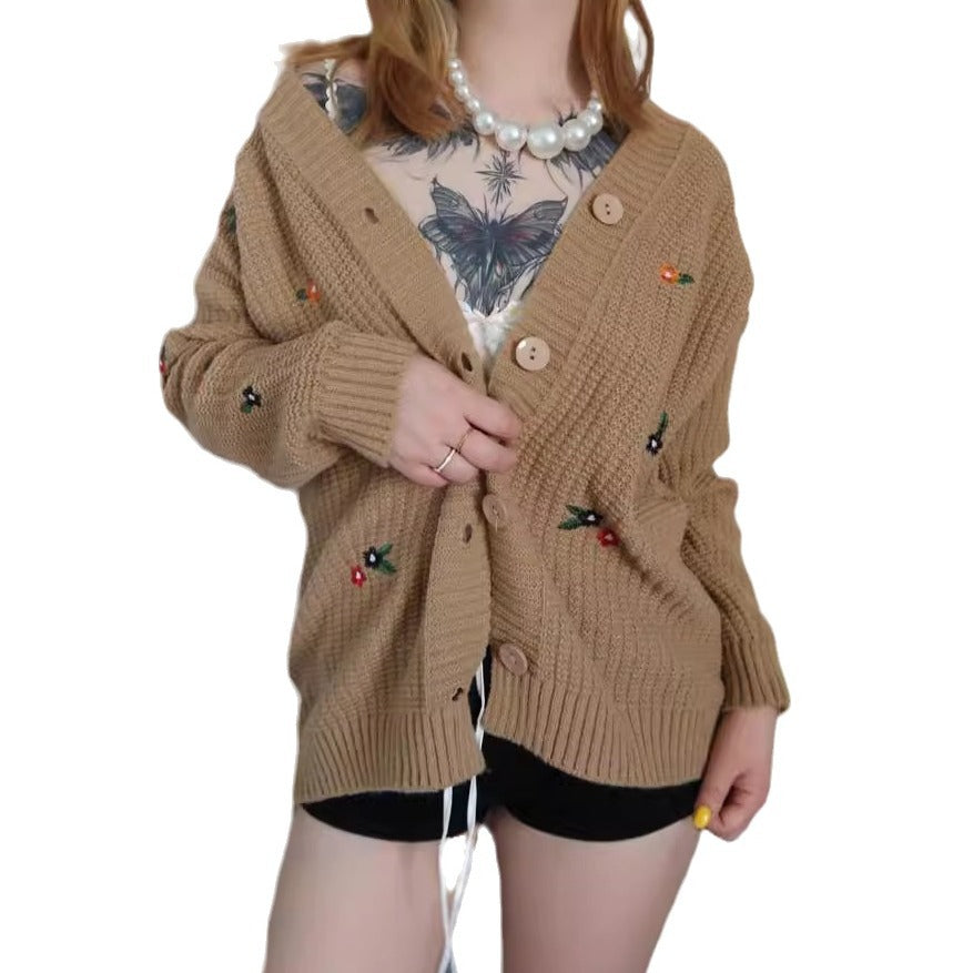 Damen Strickjacke mit buntem Blumenstickereien EB