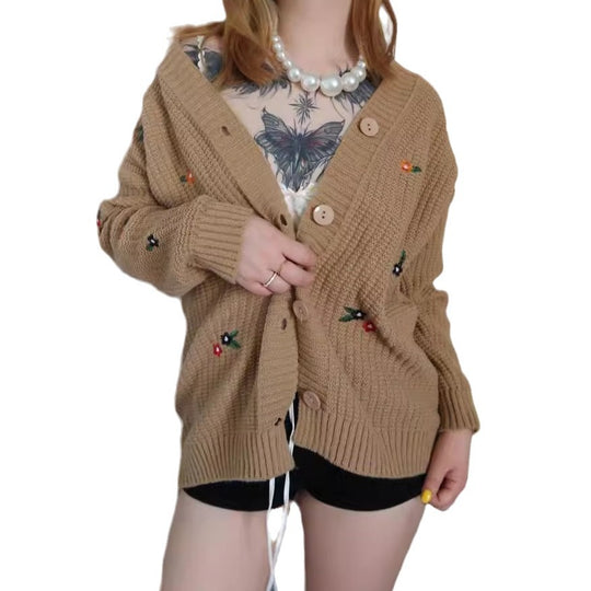 Damen Strickjacke mit buntem Blumenstickereien EB