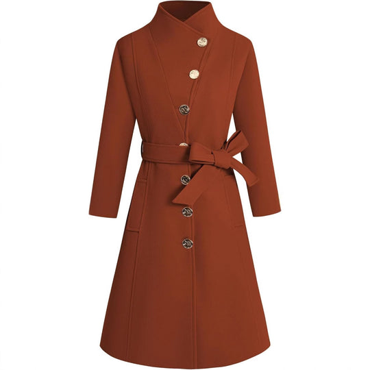 Damen eleganter Wrap-Mantel mit ausgefallenem Kragen und Gürtel EB