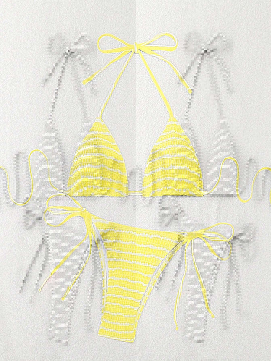 Damen Triangel-Bikini mit feinem Streifenmuster und raffinierten Bindebändern EB