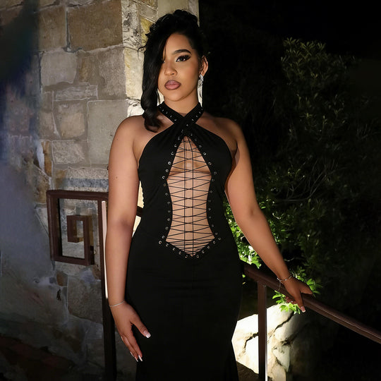 Damen Elegantes Maxi-Kleid mit raffiniertem Schnürungsdesign EB