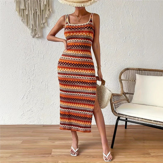 Damen Maxikleid mit auffälligem geometrischem Muster und seitlichem Schlitz EB