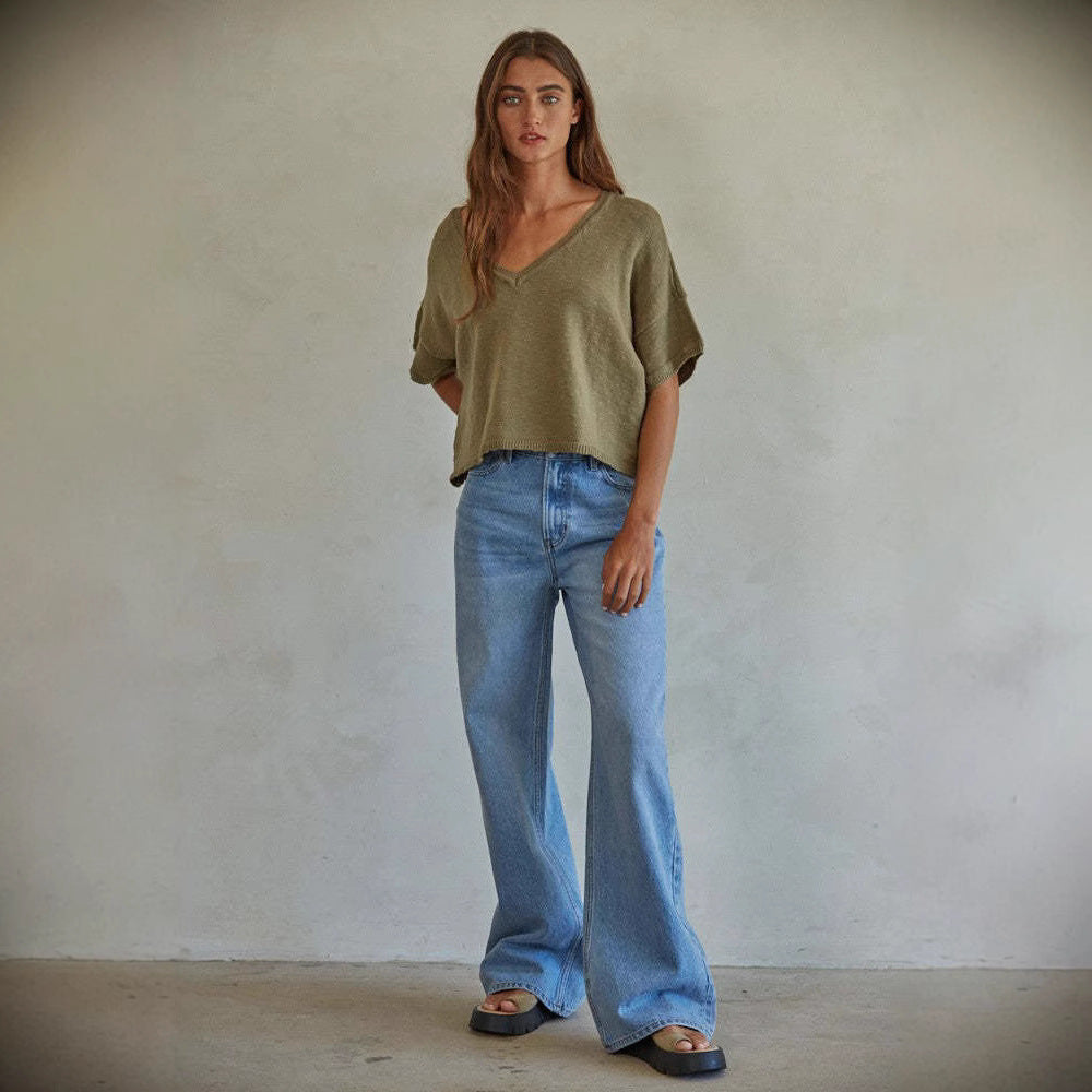 Damen Weit geschnittene Jeans im Vintage-Stil mit hohem Bund und eleganten Nähten EB