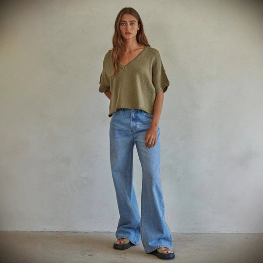 Damen Weit geschnittene Jeans im Vintage-Stil mit hohem Bund und eleganten Nähten EB