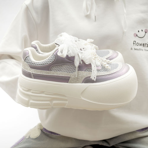 Damen Plattform Sneakers mit dekorativen Perlen und luftiger Mesh-Oberfläche EB