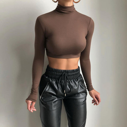 Damen Langärmliges Crop-Top mit Stehkragen und figurbetontem Schnitt EB
