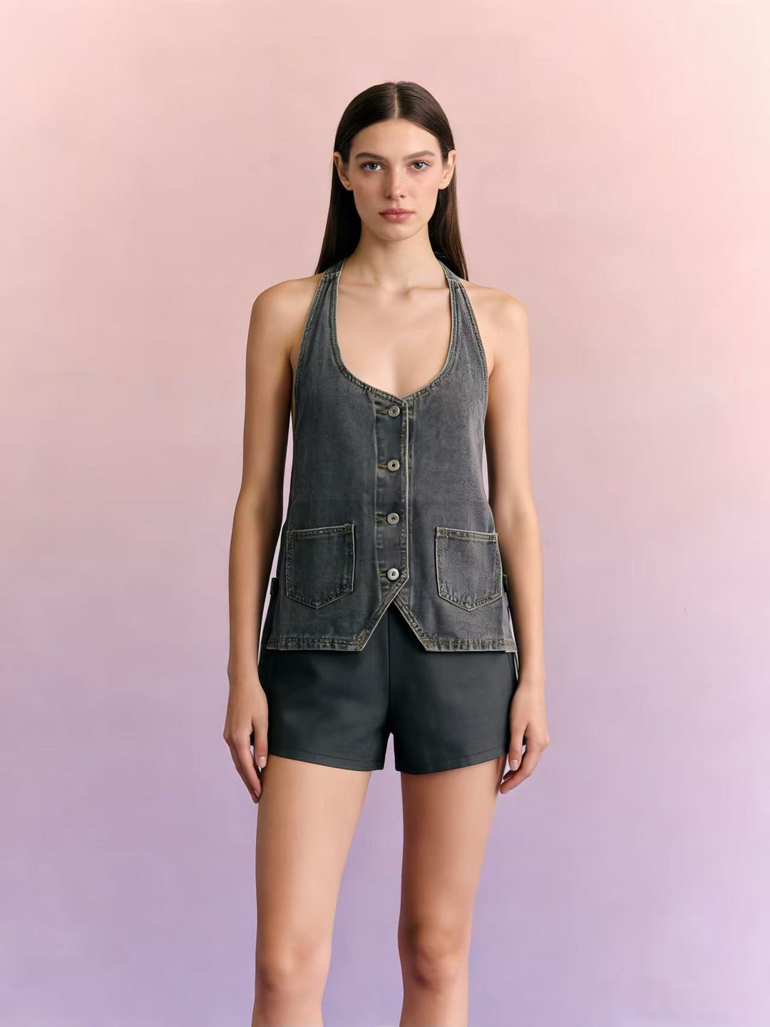 Damen lässiges Denim-Set mit verstellbaren Trägern und Taschen EB