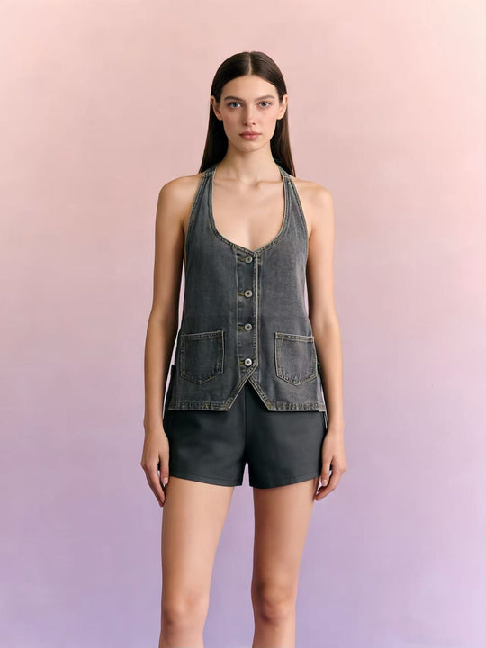 Damen lässiges Denim-Set mit verstellbaren Trägern und Taschen EB