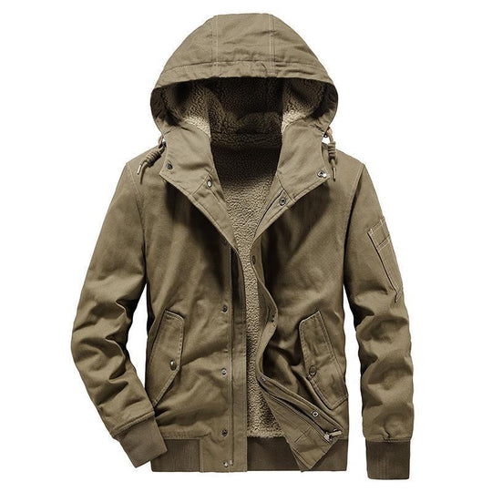 Herren Canvas-Kapuzenjacke mit Sherpa-Innenfutter, Utility-Taschen und Rippbündchen EB