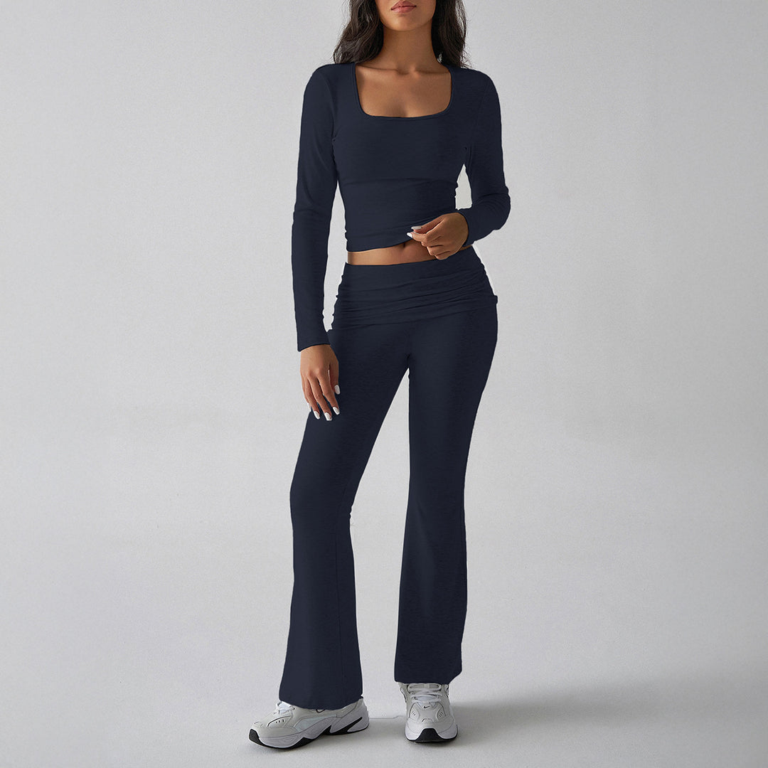 Damen nan figurbetontes Cropped-Set mit langärmeligem Top mit quadratischem Ausschnitt und ausgestellter High‑Waist Yoga-Hose EB