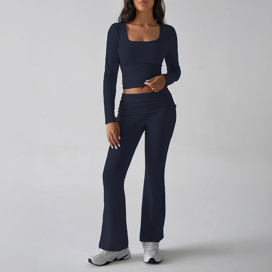 Damen nan figurbetontes Cropped-Set mit langärmeligem Top mit quadratischem Ausschnitt und ausgestellter High‑Waist Yoga-Hose EB