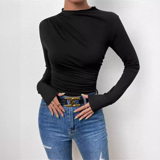 Damen nan figurbetontes Langarmshirt mit asymmetrischer Raffung am Vorderteil und U-Boot-Ausschnitt EB