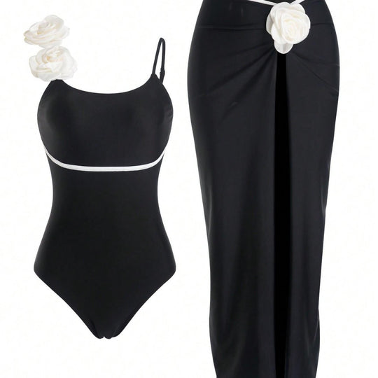 Damen Einteiler Badeanzug mit elegantem Rock und verspielten Blütendetails EB