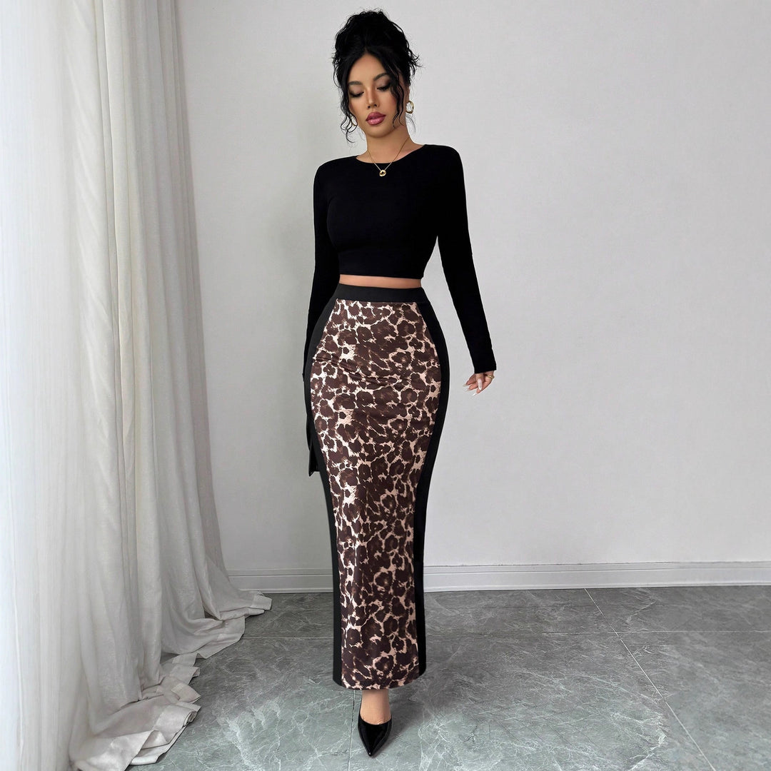 Damen nan taillierter Bleistiftmidirock mit Animal-Print-Mittelbahn und seitlichem Oberschenkel-Schlitz EB