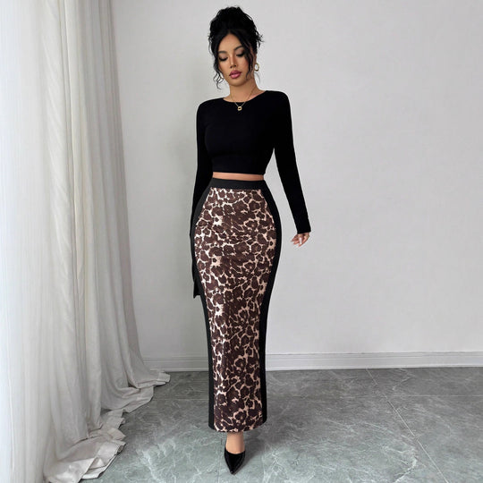 Damen nan taillierter Bleistiftmidirock mit Animal-Print-Mittelbahn und seitlichem Oberschenkel-Schlitz EB