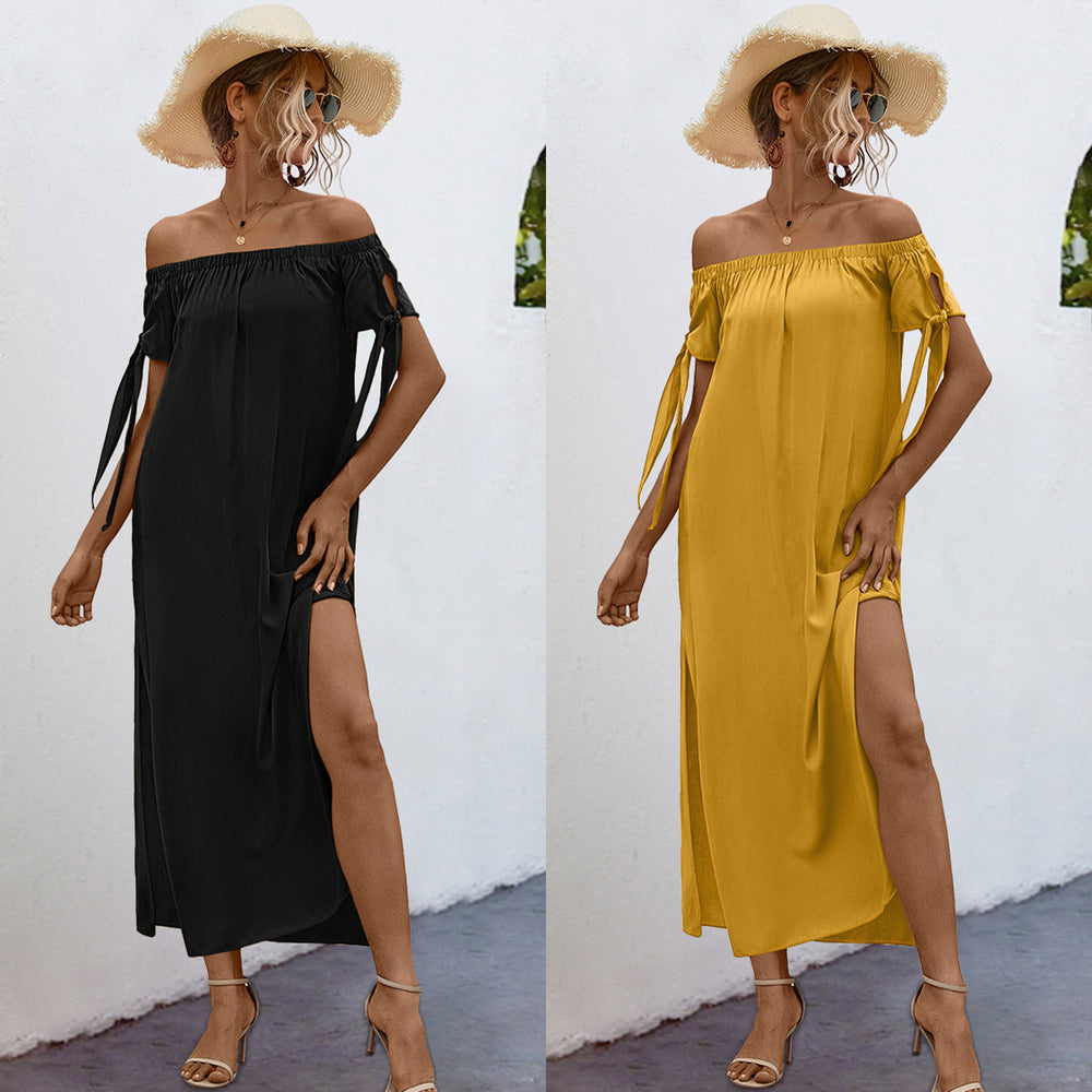 Damen elegantes Off-Shoulder Maxikleid mit seidigem Glanz und seitlichem Schlitz EB