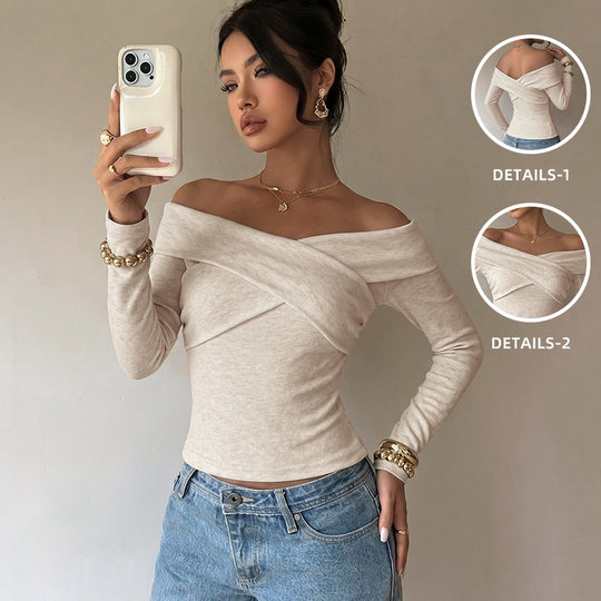 Damen Schulterfreies Wickel-Longsleeve mit Carmenkragen und taillierter Passform EB