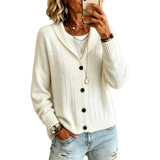Damen Langer Schalkragen-Cardigan aus Zopfmuster mit gerippten Bündchen EB