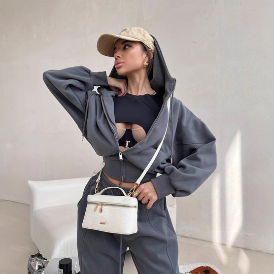 Damen Zweiteiliges Loungewear-Set mit kurzem Zip-Hoodie und hochtaillierter weiter Jogginghose EB