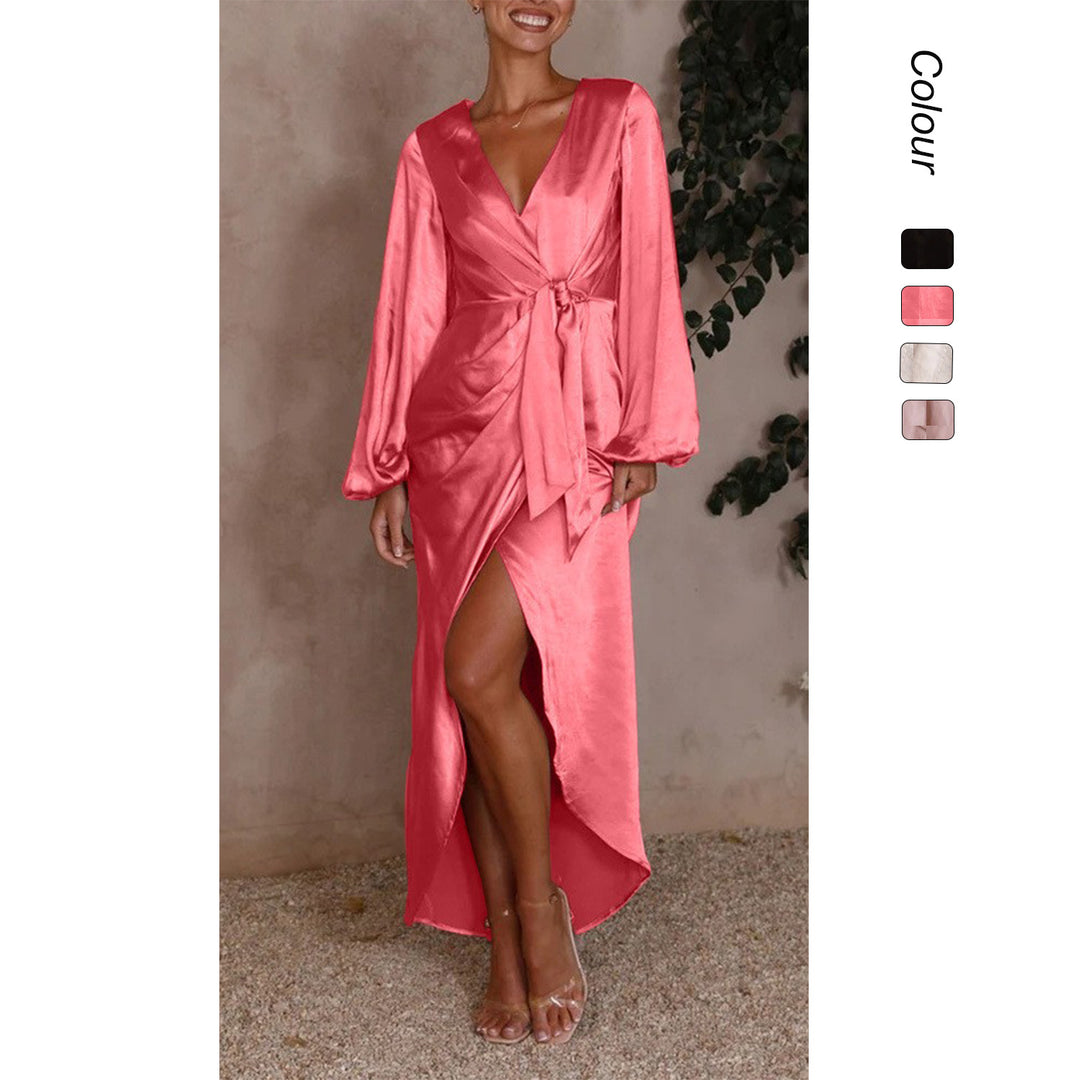 Damen Satin Wickelkleid mit elegantem V-Ausschnitt und voluminösen Ärmeln EB