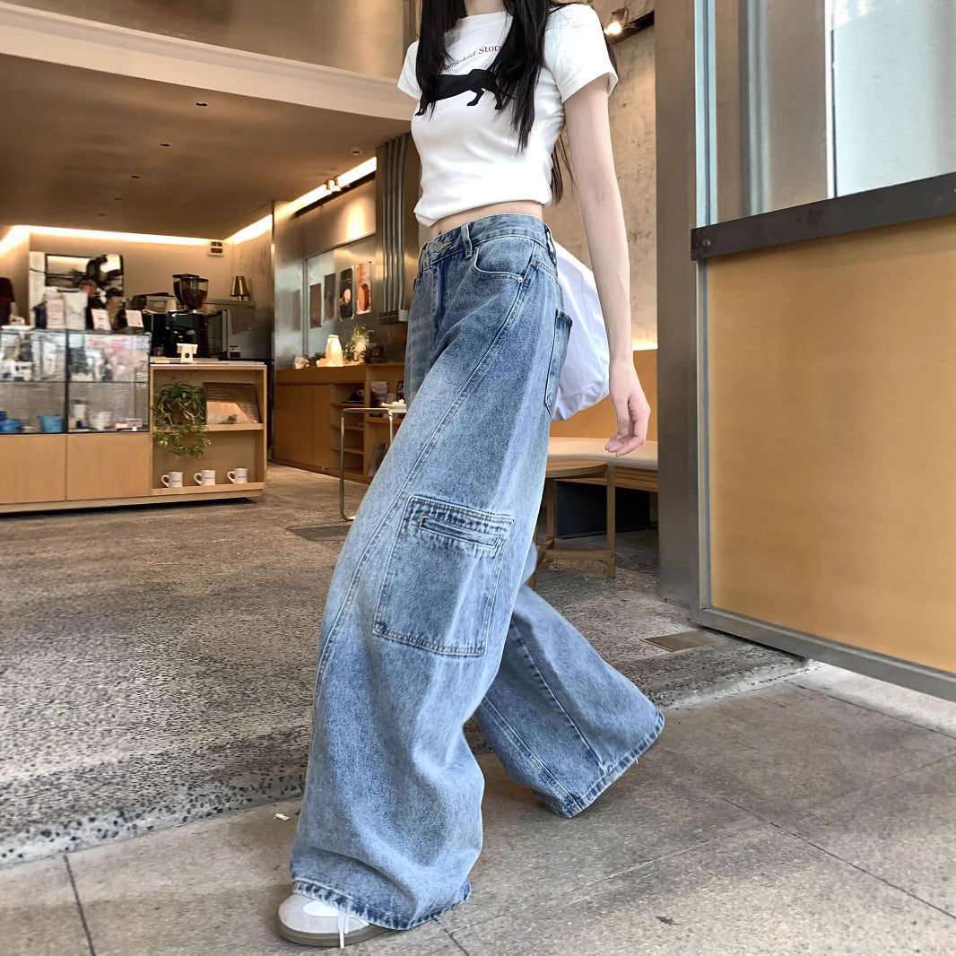 Damen Weite Jeanshose mit tiefem Schritt und praktischen Cargotaschen EB