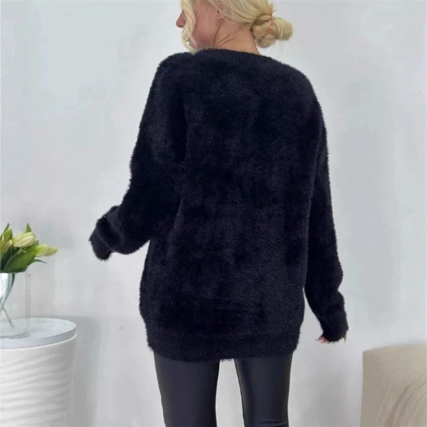 Damen Flauschiger Oversize-Knopfcardigan mit tiefem V‑Ausschnitt und aufgesetzten Taschen EB