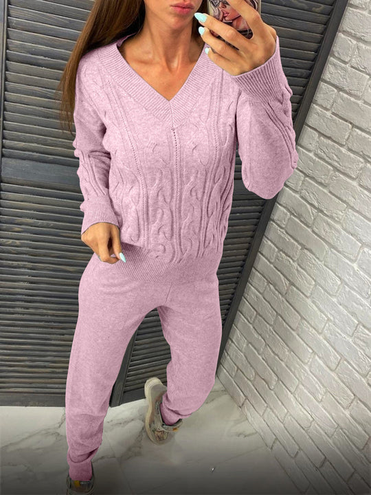Damen gemütlicher Strickanzug mit V-Ausschnitt und Zopfdesign EB