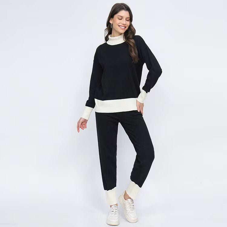 Damen komfortables Strick-Loungewear-Set mit hohem Kragen und elastischen Bündchen EB