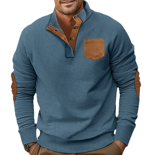 Herren eleganter Strickpullover mit Knopfleiste und kontrastierenden Ellbogenpatches EB