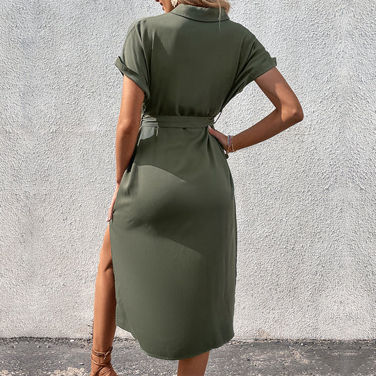 Damen Hemdblusenkleid mit tailliertem Bindegürtel und zeitlosem Knopfdesign EB
