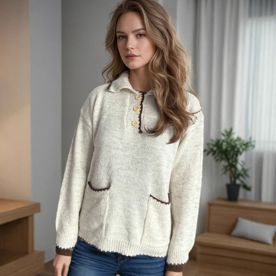 Damen Pullover mit kontrastierendem Kragen und dekorativen Knöpfen EB