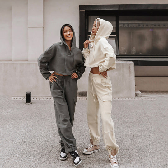 Damen nan Cropped Kapuzenpullover mit Highwaist Cargo-Joggingshose Set EB