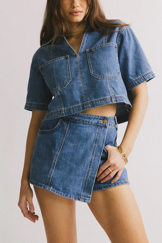 Damen lässiges Denim-Kurzjacken-Set mit passendem Rock EB
