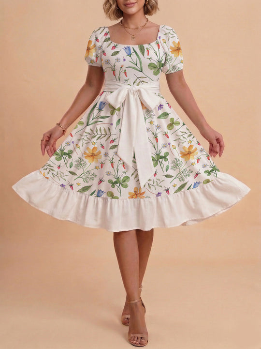 Damen modernes Blumenkleid mit elegantem Taillengürtel und asymmetrischem Saum EB