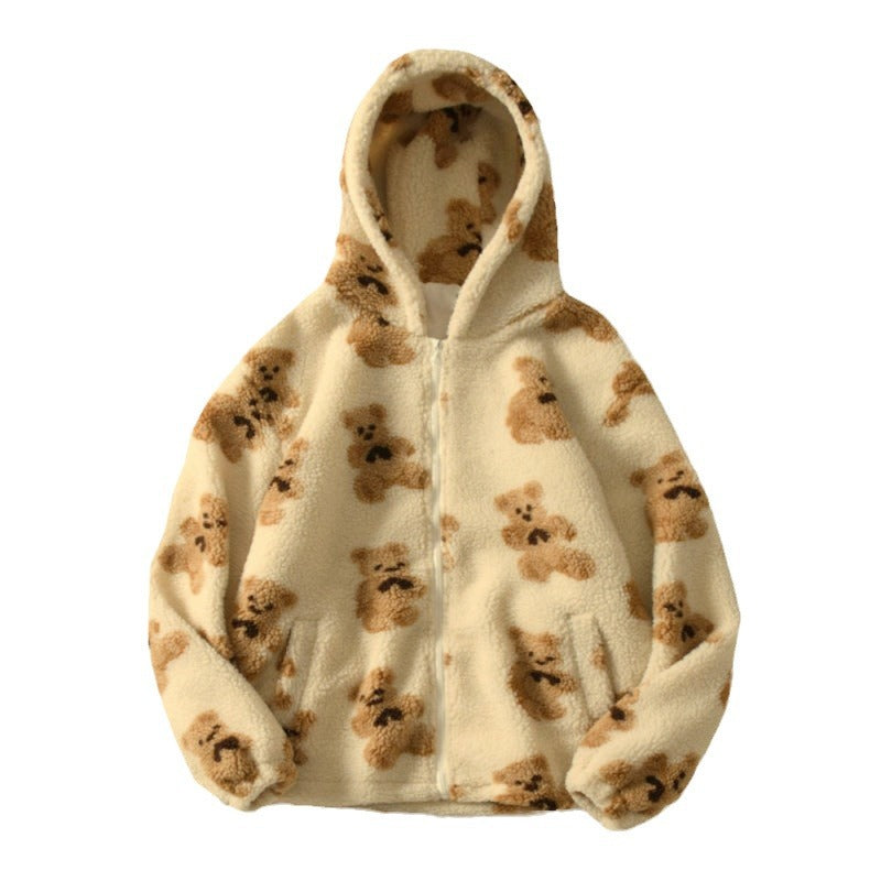 Damen Teddy-Fleecejacke mit Kapuze und großen Taschen EB