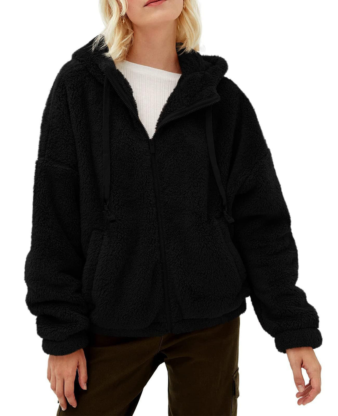 Damen lässige Fleecejacke mit Kängurutasche und Kapuze EB