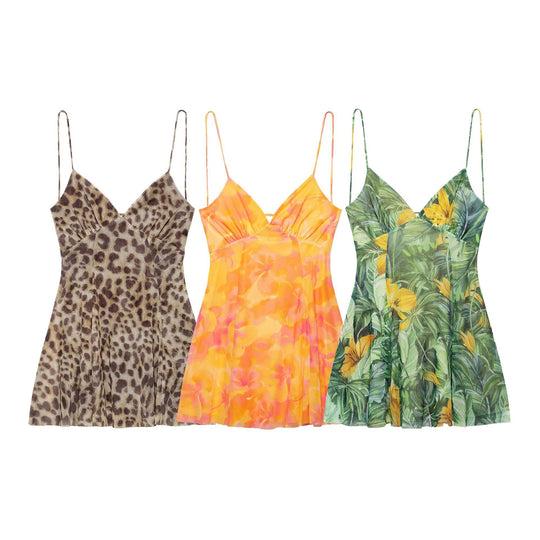Damen Minikleid mit Floralem Muster und Feinen Spaghettiträgern EB