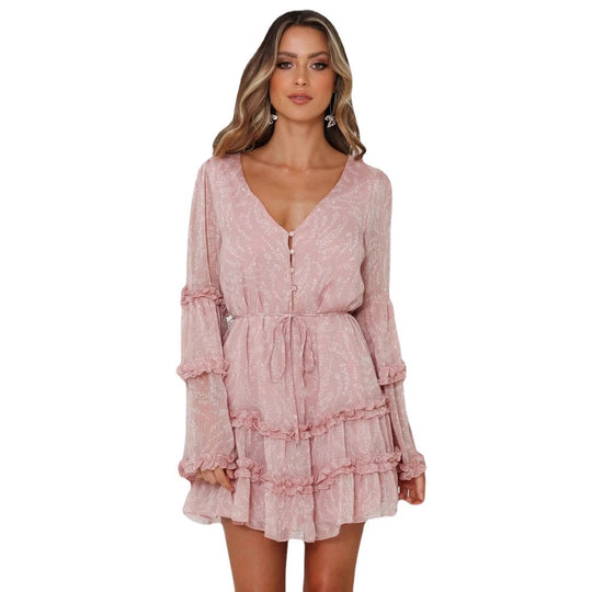 Damen Rüschenkleid mit langem, transparentem Ärmel und Bindegürtel EB