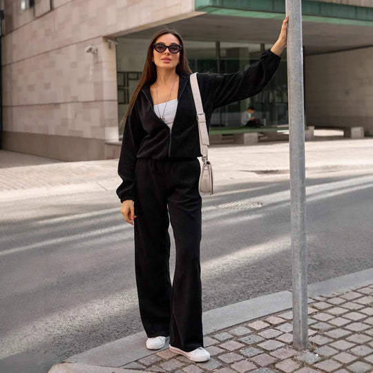 Damen nan kurzes Kapuzen-Loungewear-Set mit durchgehendem Reißverschluss, elastischem Komfortbund und gerippter Struktur EB
