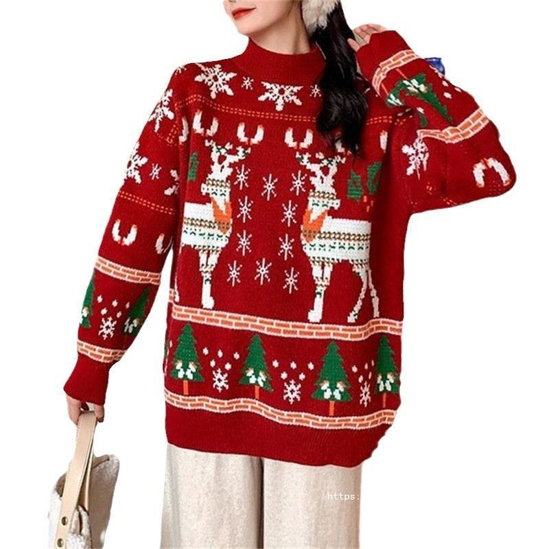 Damen Festlicher Pullover mit 3D-Rentier-Motiv und Hochkragen EB
