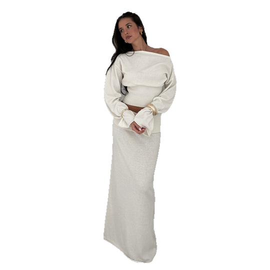 Damen nan schulterfreies Kurz-Cropped-Strickoberteil mit breite(r)m Rippenbund und taillierender Passform EB