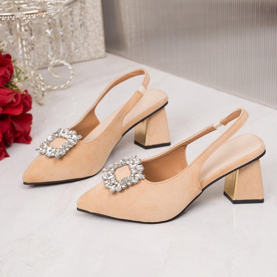 Damen Slingback Pumps mit luxuriösem Strass-Detail und bequemem Blockabsatz EB