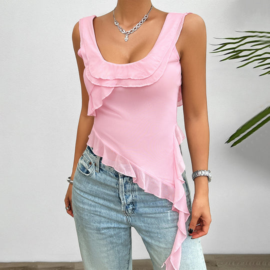 Damen asymmetrisches Rüschentop mit tiefem Ausschnitt und verführerischen Details EB