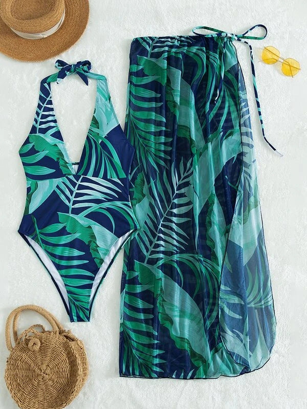 Damen Set aus einem einteiligen Badeanzug mit floralem Design und passendem Sarong EB