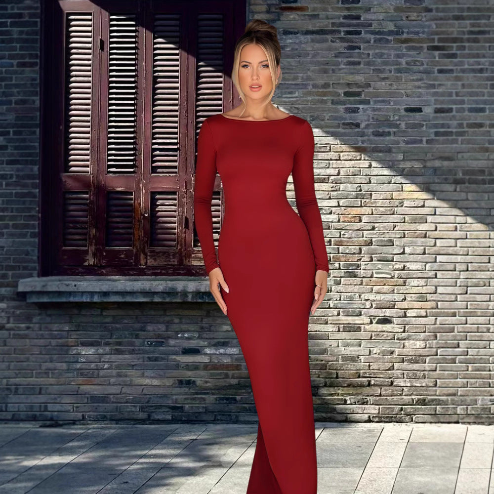 Damen Figurumspielendes Maxikleid mit langem Arm und elegantem Schnitt EB